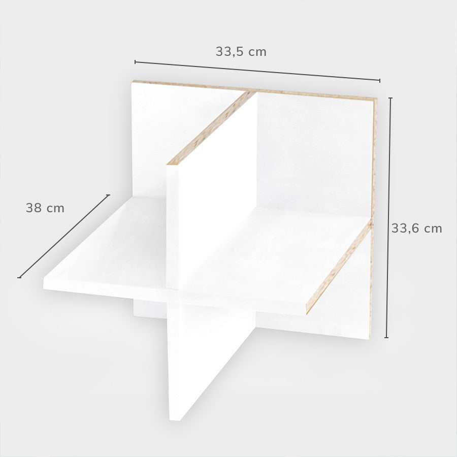 Maßangaben für den weißen Regaltrenner: Breite = 33,5 cm; Höhe = 33,6 cm; Tiefe = 38 cm