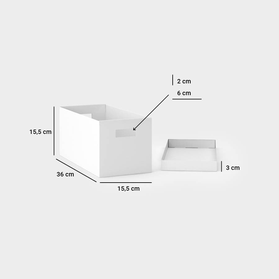 Weiße Aufbewahrungsbox in der Größe: Höhe: 15,5 cm, Tiefe: 36 cm, Breits: 15,5 cm