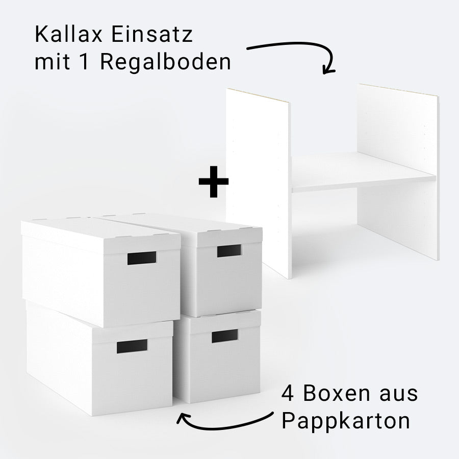 4 Boxen aus Pappkarton und ein Einsatz mit einem Regalboden für das Kallax Regal von IKEA.