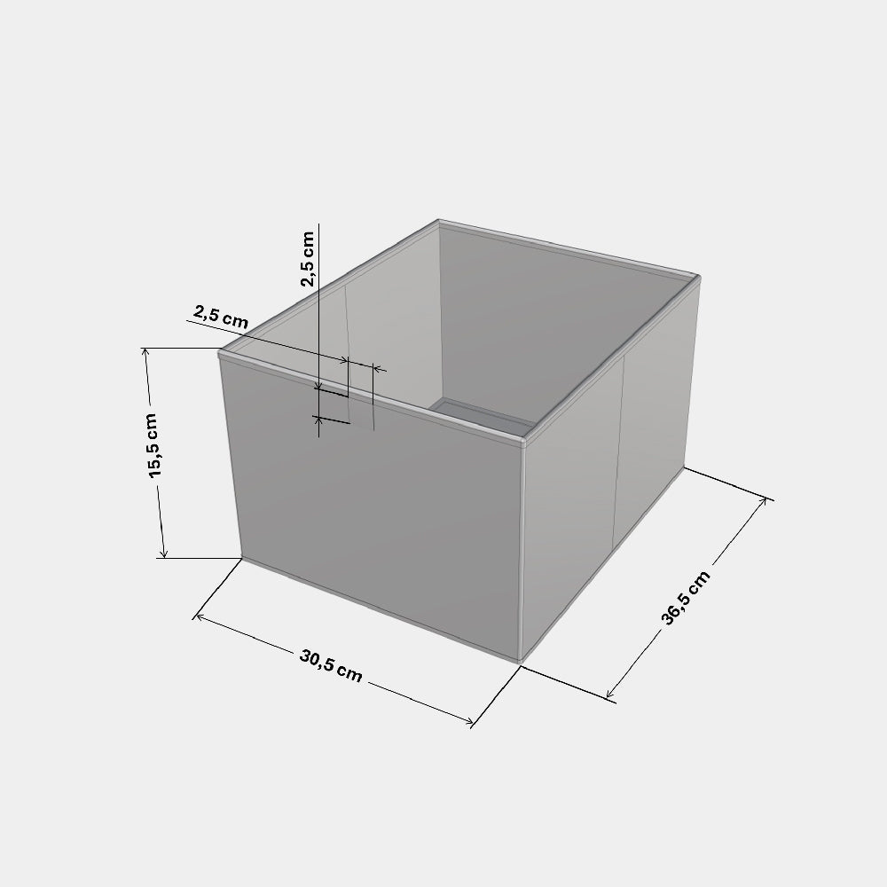 Technische Zeichnung einer Filz Kallax Box mit entsprechenden Maßangaben.