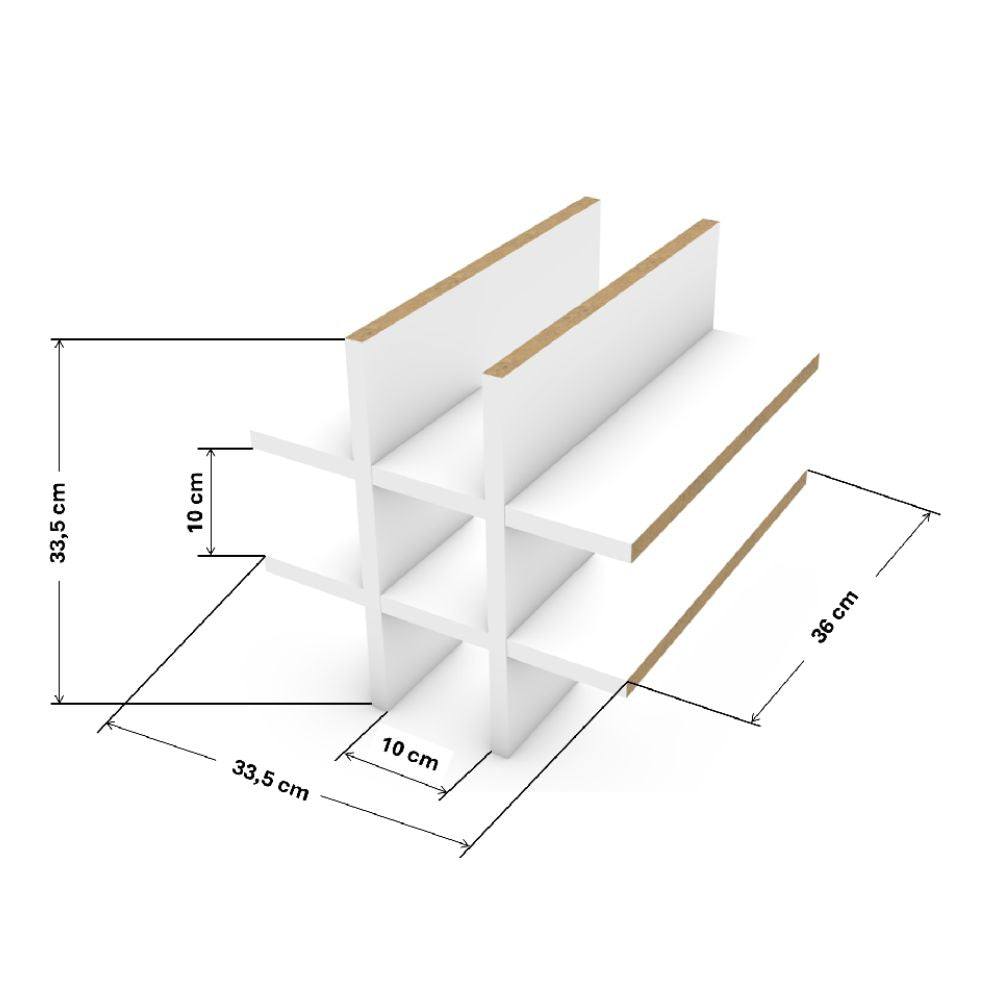 Maßzeichung des Flascheneinsatzes fürs Kallax Regal. Jedes einzelne der 9 kleinen Fächer hat Maße von 10 x 10 cm. Die Außenmaße des Kallax Einsatzes betragen 33,5 cm x 33,5 cm x 36 cm (B x H x T).