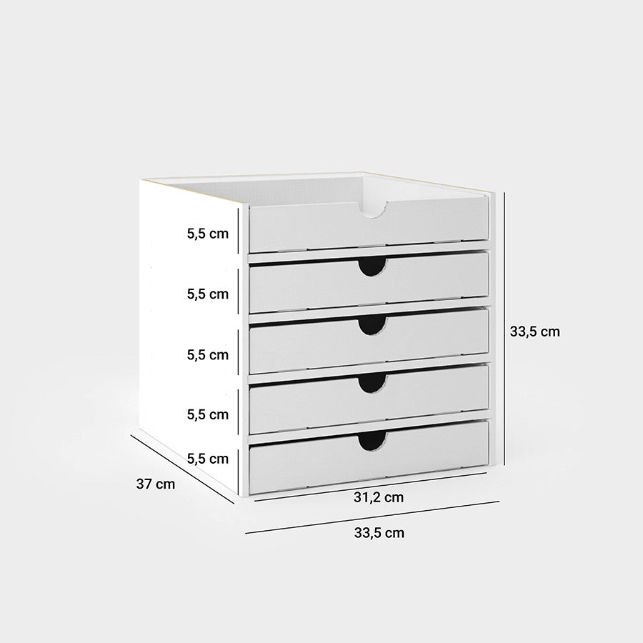 Hier sind alle Maßangaben des Regaleinsatzes zu sehen. Jedes Fach mit jeweils einer Schublade ist 5,5 cm hoch. Die Außenmaße: Breite - 33,5 cm, Höhe - 33,5 cm, Tiefe - 37 cm