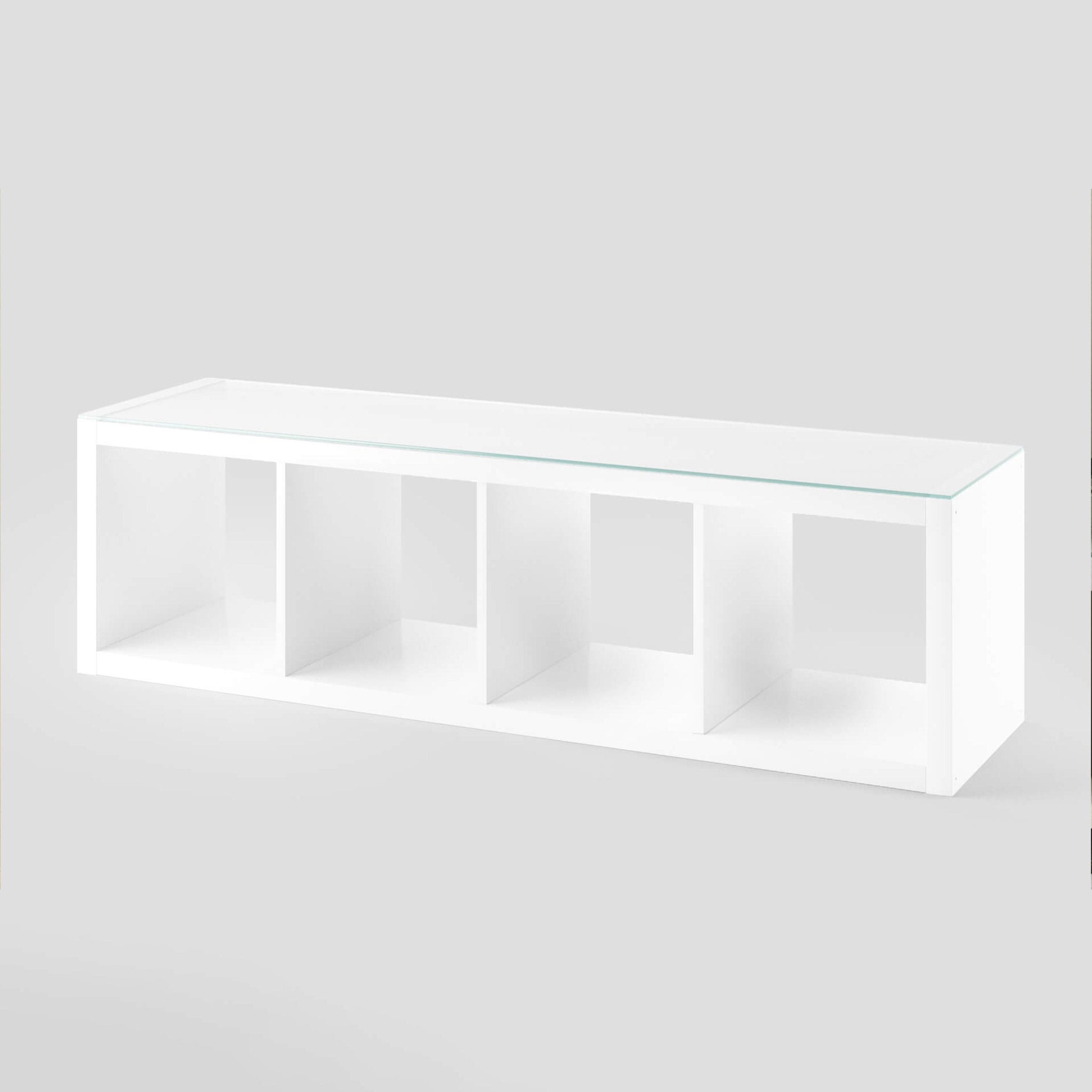 Horizontal platziertes Kallax Regal mit 4 Fächern und einer Deckplatte aus Glas