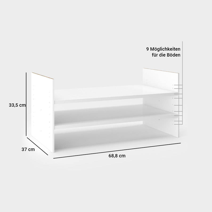 Maße des Kallax Einsatzes mit 2 Fachböden - neue Breite von: 86,6 cm, Höhe: 33,5 cm (bleibt gleich), Tiefe: 37 cm (bleibt gleich). Die neuen, breiten Zwischenböden lassen sich auf 9 Ebenen einsetzen.