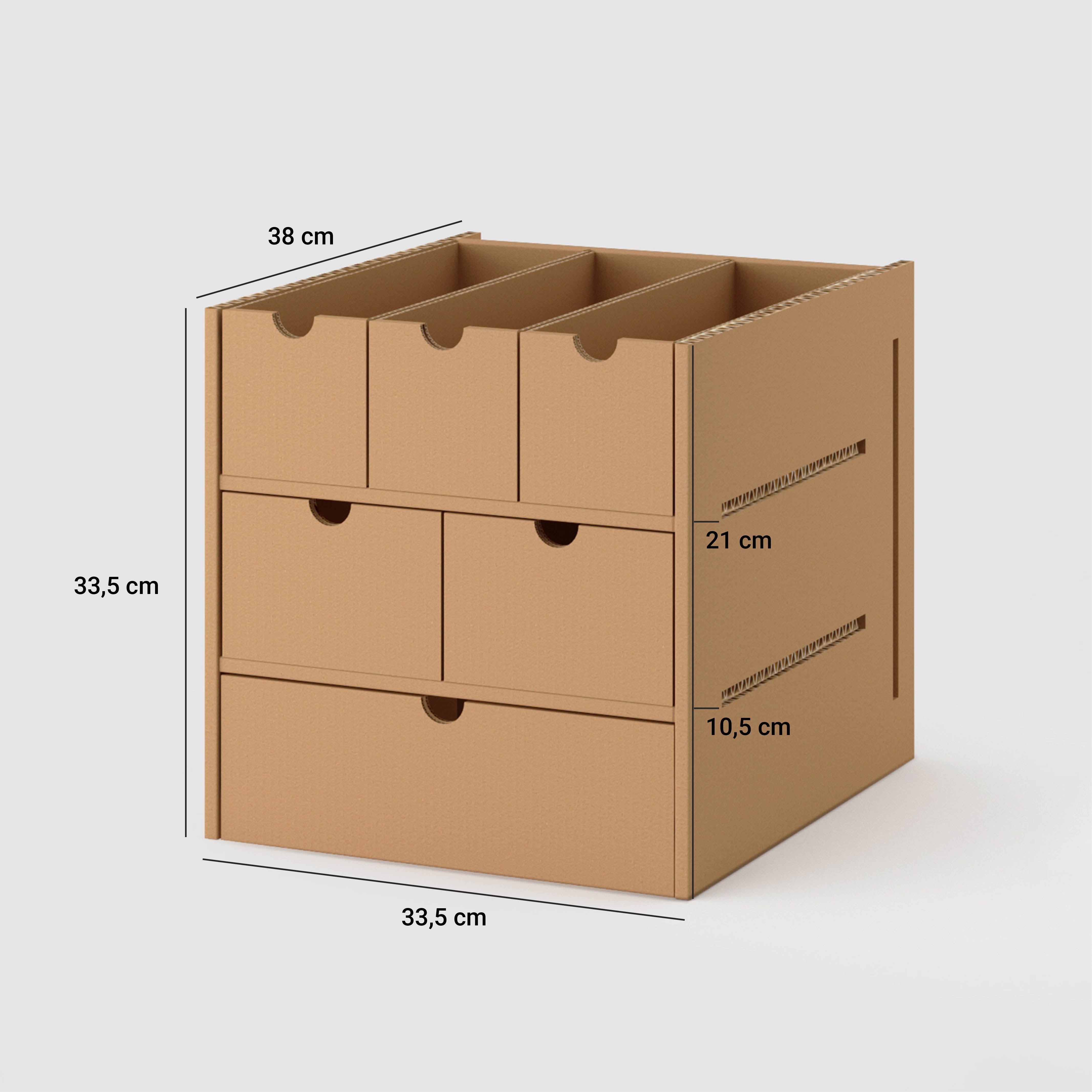 Maße des Regaleinsatzes mit Schubladen aus Pappkarton:  B = 33,5 cm, H = 33, 5 cm, T = 38 cm